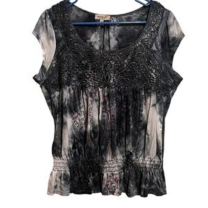 One World Crochet Tie Dye Y2K Smocked Waist  Short Sleeve Babydoll Top Medium